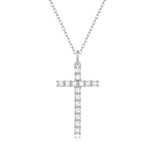 Minimalist Cross Pendant Necklace with 15 Moissanite Stones