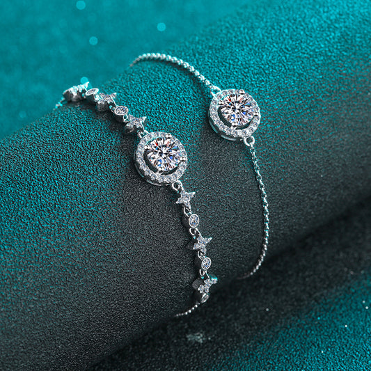Minimalist Geometric 5-Layer Rhodium Plated Sterling Silver Bracelet with 1ct Moissanite/Zircon - Star & Hexagram Design
