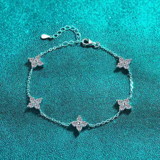 Minimalist Nature-Inspired Rhodium Plated Sterling Silver Bracelet - 2ct Moissanite with Shell & Starburst Design