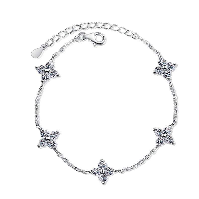 Minimalist Nature-Inspired Rhodium Plated Sterling Silver Bracelet - 2ct Moissanite with Shell & Starburst Design