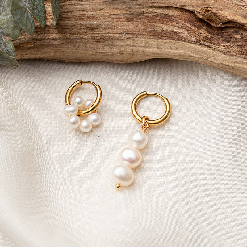 Minimalist Titanium Steel & Freshwater Pearl Earrings - Geometric Gold Plated Elegance