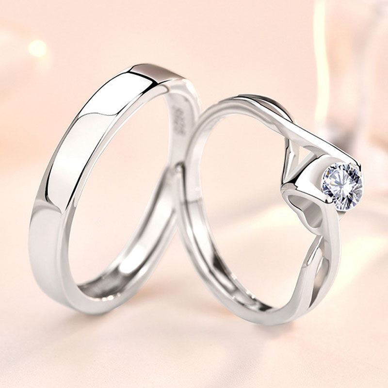 Minimalist Zircon Couple Rings - 925 Sterling Silver Adjustable Matching Set