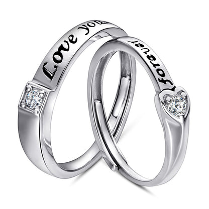 Love Heart Couple Rings - 925 Sterling Silver Adjustable Matching Set with Zircon Accents