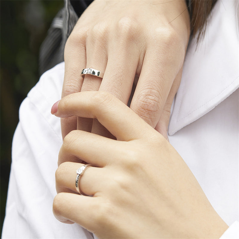 Love Heart Couple Rings - 925 Sterling Silver Adjustable Matching Set with Zircon Accents