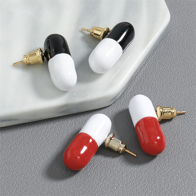 Modern Geometric Capsule Drop Earrings in Gold with Black or Red Accents