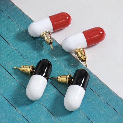 Modern Geometric Capsule Drop Earrings in Gold with Black or Red Accents