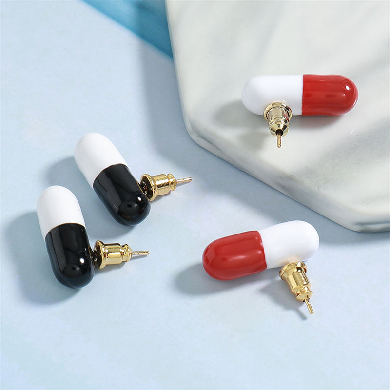 Modern Geometric Capsule Drop Earrings in Gold with Black or Red Accents