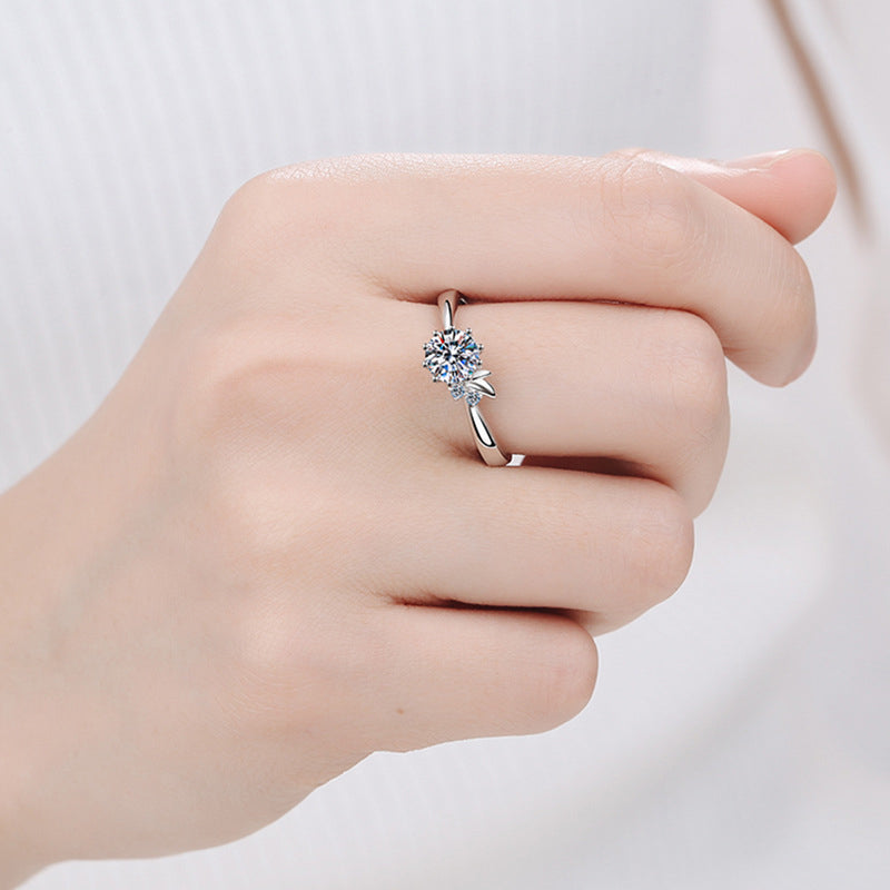 Modern Solitaire Moissanite Ring - 925 Sterling Silver Minimalist Setting with Floral Motifs