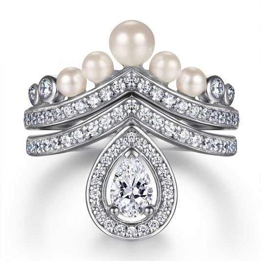 New Arrival S925 Sterling Silver Teardrop Pearl Wedding Ring Set - Elegant Bridal Jewelry