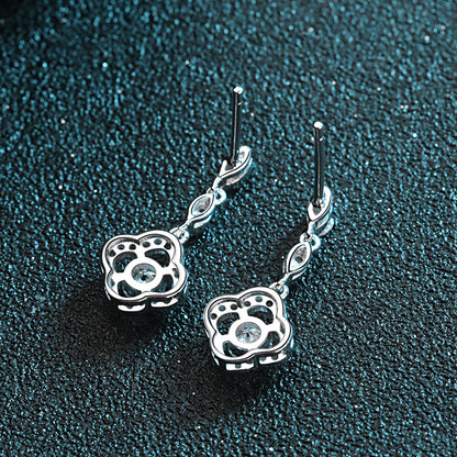 New S925 Sterling Silver 0.6ct Moissanite Four-Leaf Clover Drop Earrings - Lucky Floral Dangle Earrings