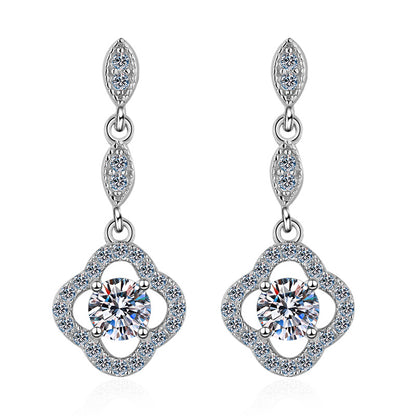 New S925 Sterling Silver 0.6ct Moissanite Four-Leaf Clover Drop Earrings - Lucky Floral Dangle Earrings