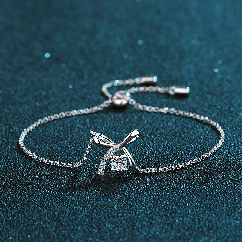 Sporty Bow Sterling Silver Bracelet - 0.3ct Moissanite or 4mm Zircon with Floral Nature Design