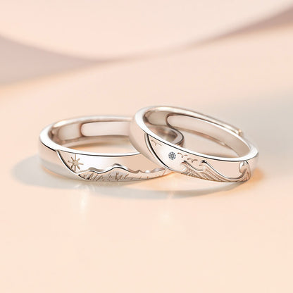 "Ocean & Mountain" Promise Rings - 925 Sterling Silver Chinese-Style Couple Set