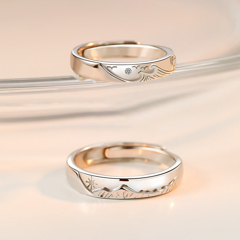 "Ocean & Mountain" Promise Rings - 925 Sterling Silver Chinese-Style Couple Set