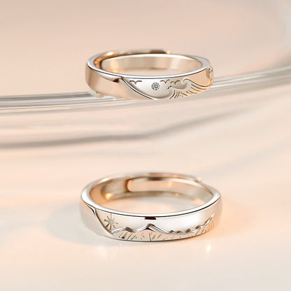 "Ocean & Mountain" Promise Rings - 925 Sterling Silver Chinese-Style Couple Set