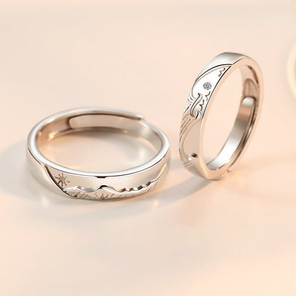 "Ocean & Mountain" Promise Rings - 925 Sterling Silver Chinese-Style Couple Set