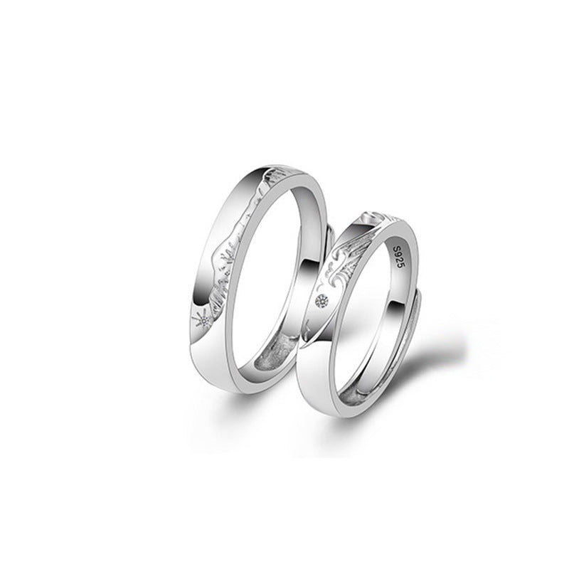 "Ocean & Mountain" Promise Rings - 925 Sterling Silver Chinese-Style Couple Set