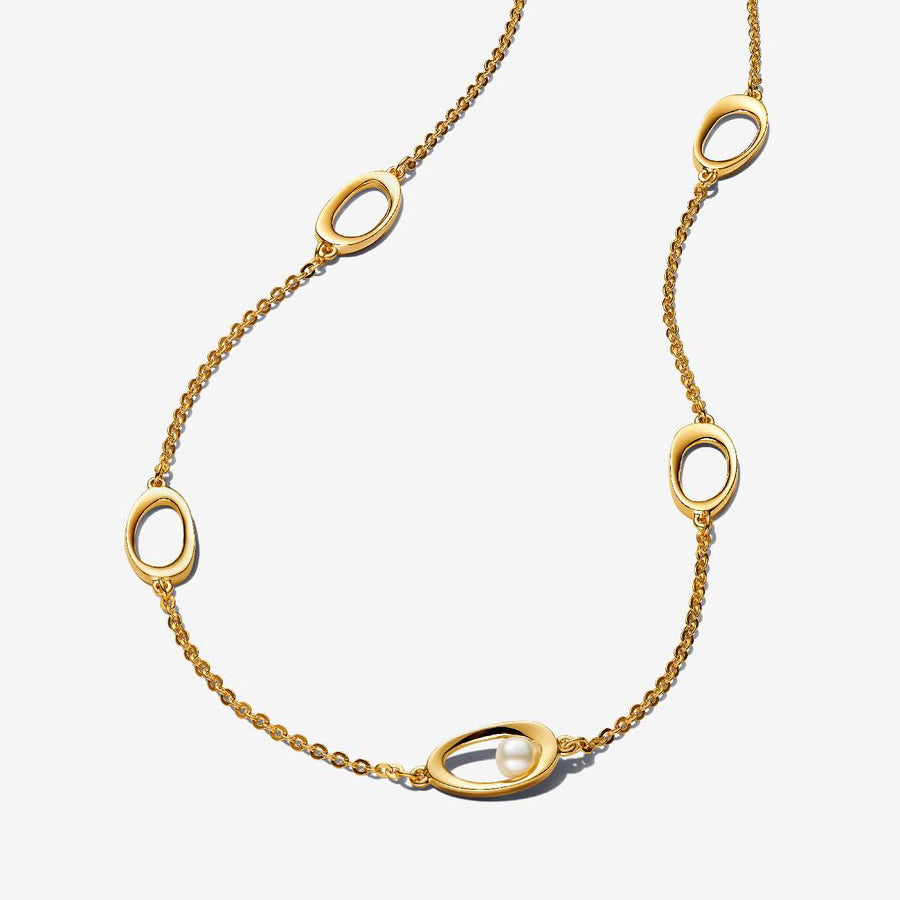 Organic Oval & Pearl Necklace, 14K Gold Plated