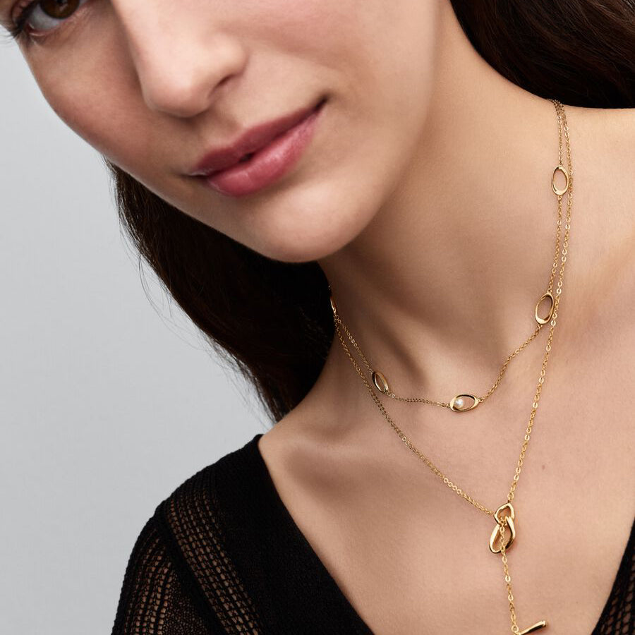Organic Oval & Pearl Necklace, 14K Gold Plated