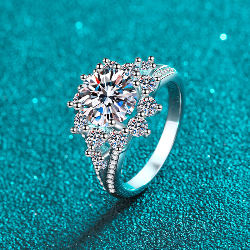 PT950 Plated S925 Sterling Silver 3ct Moissanite Ring | Bold Sunflower Statement Piece