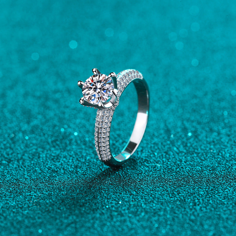 PT950 Plated S925 Sterling Silver Half Eternity Moissanite Ring | Crown Design with Floral Motifs