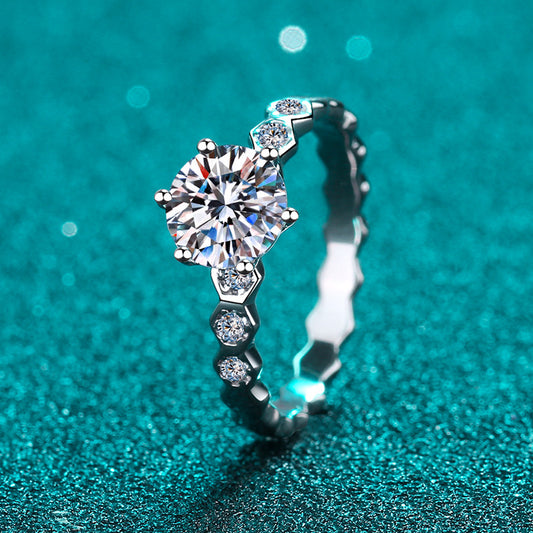 PT950 Plated S925 Sterling Silver Honeycomb Six-Prong Ring | 0.5-1ct Moissanite with Floral Motifs
