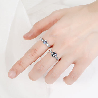 PT950 Plated S925 Sterling Silver Honeycomb Six-Prong Ring | 0.5-1ct Moissanite with Floral Motifs