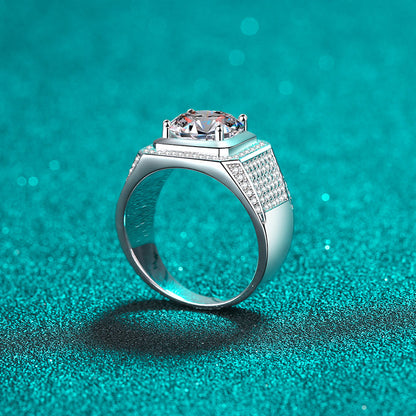 PT950 Plated S925 Sterling Silver Men's Statement Ring | 2-5ct Moissanite with Tribal Motif