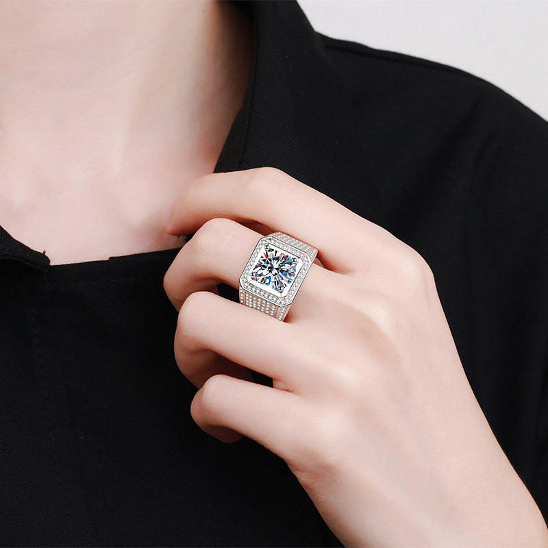 PT950 Plated S925 Sterling Silver Men's Statement Ring | 2-5ct Moissanite with Tribal Motif