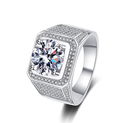PT950 Plated S925 Sterling Silver Men's Statement Ring | 2-5ct Moissanite with Tribal Motif
