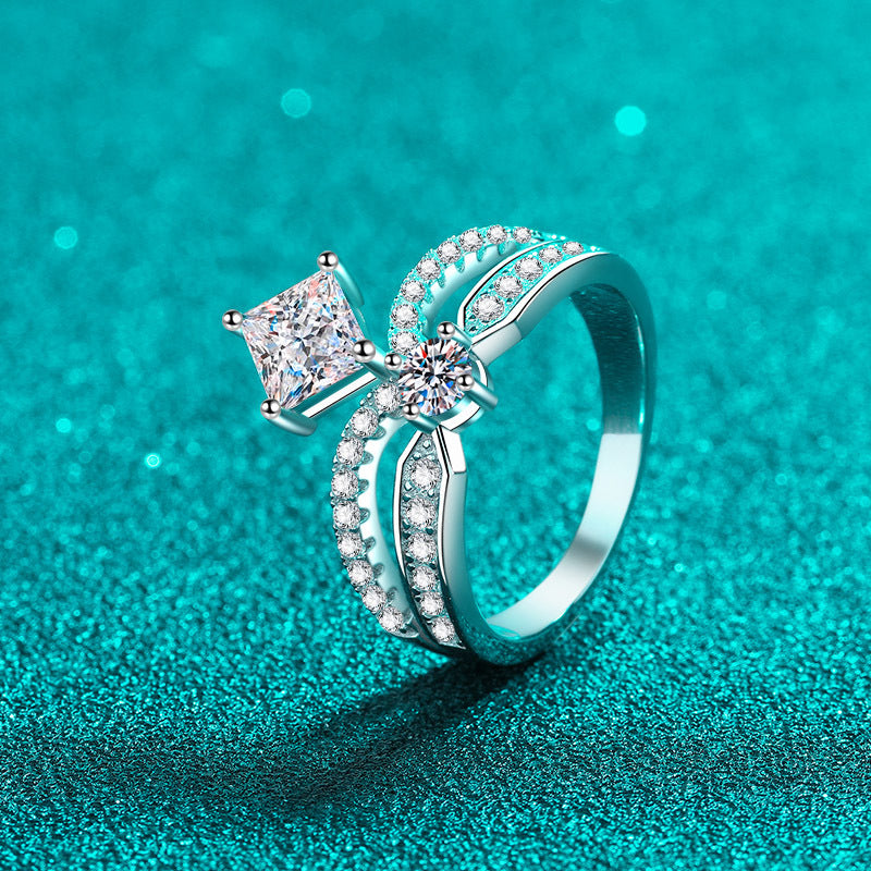 PT950 Plated S925 Sterling Silver Princess Crown Ring | 1.3ct Moissanite Geometric Design