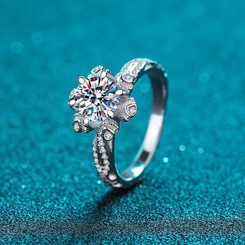 PT950 Platinum Plated Wave Band Moissanite Ring - 925 Sterling Silver Floral Inspired Solitaire