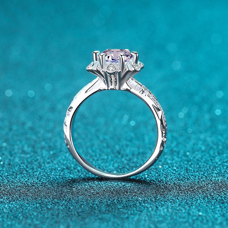 PT950 Platinum Plated Wave Band Moissanite Ring - 925 Sterling Silver Floral Inspired Solitaire