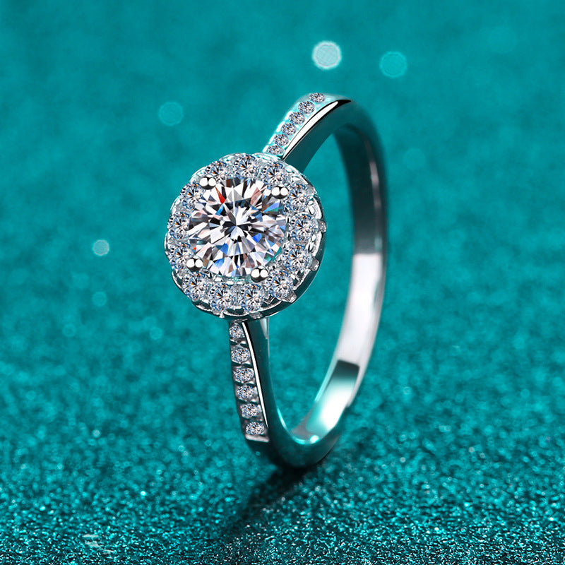 PT950 Plated 925 Sterling Silver 4-Prong Round Moissanite Ring | Adjustable & Camellia Design