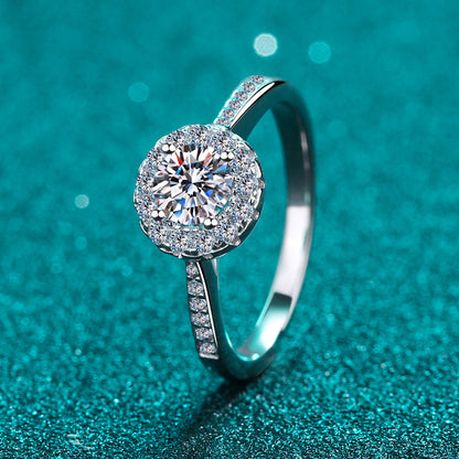 PT950 Plated 925 Sterling Silver 4-Prong Round Moissanite Ring | Adjustable & Camellia Design