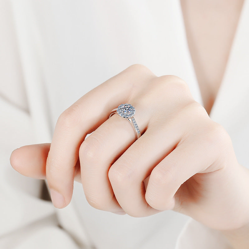 PT950 Plated 925 Sterling Silver 4-Prong Round Moissanite Ring | Adjustable & Camellia Design