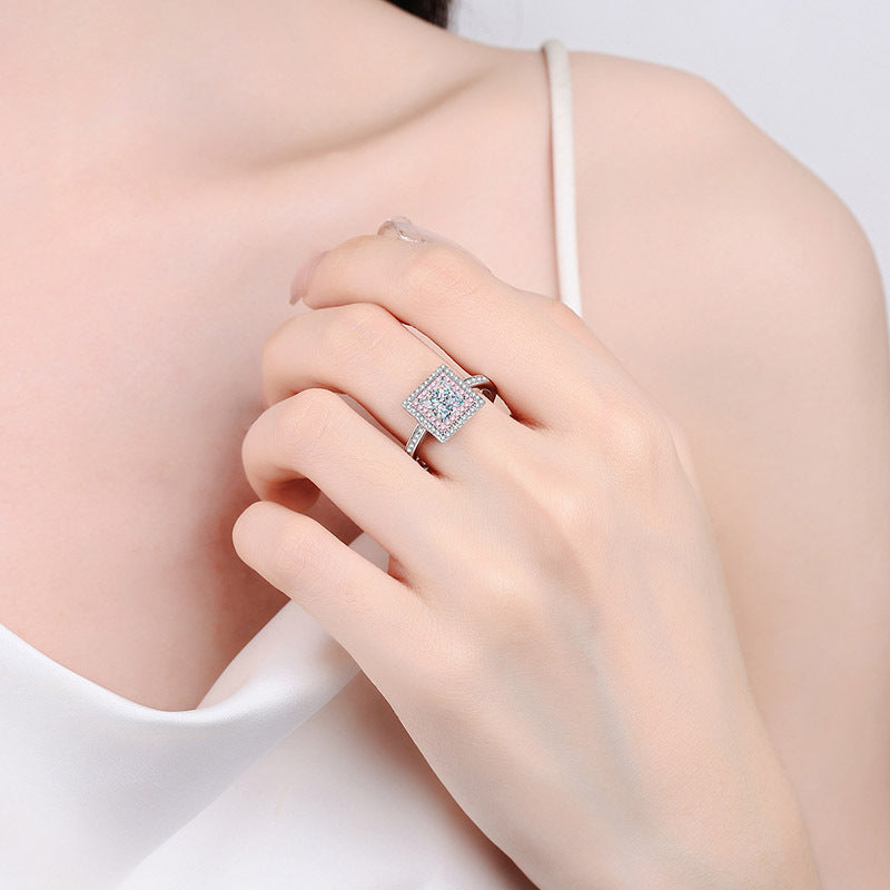 PT950 Rose Gold Plated Sugar Cube Ring - 925 Sterling Silver Geometric Moissanite Solitaire