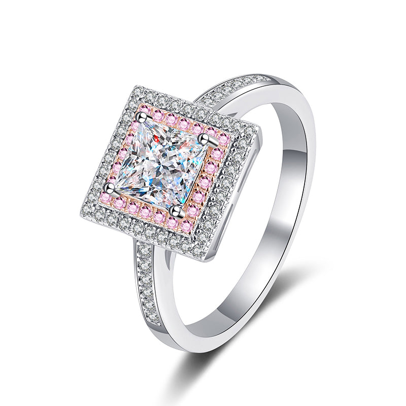 PT950 Rose Gold Plated Sugar Cube Ring - 925 Sterling Silver Geometric Moissanite Solitaire