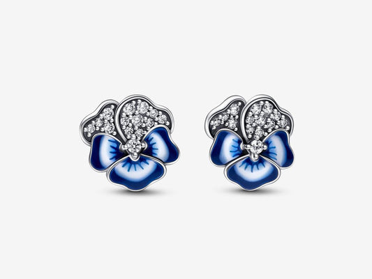 Blue Pansy Flower Stud Earrings