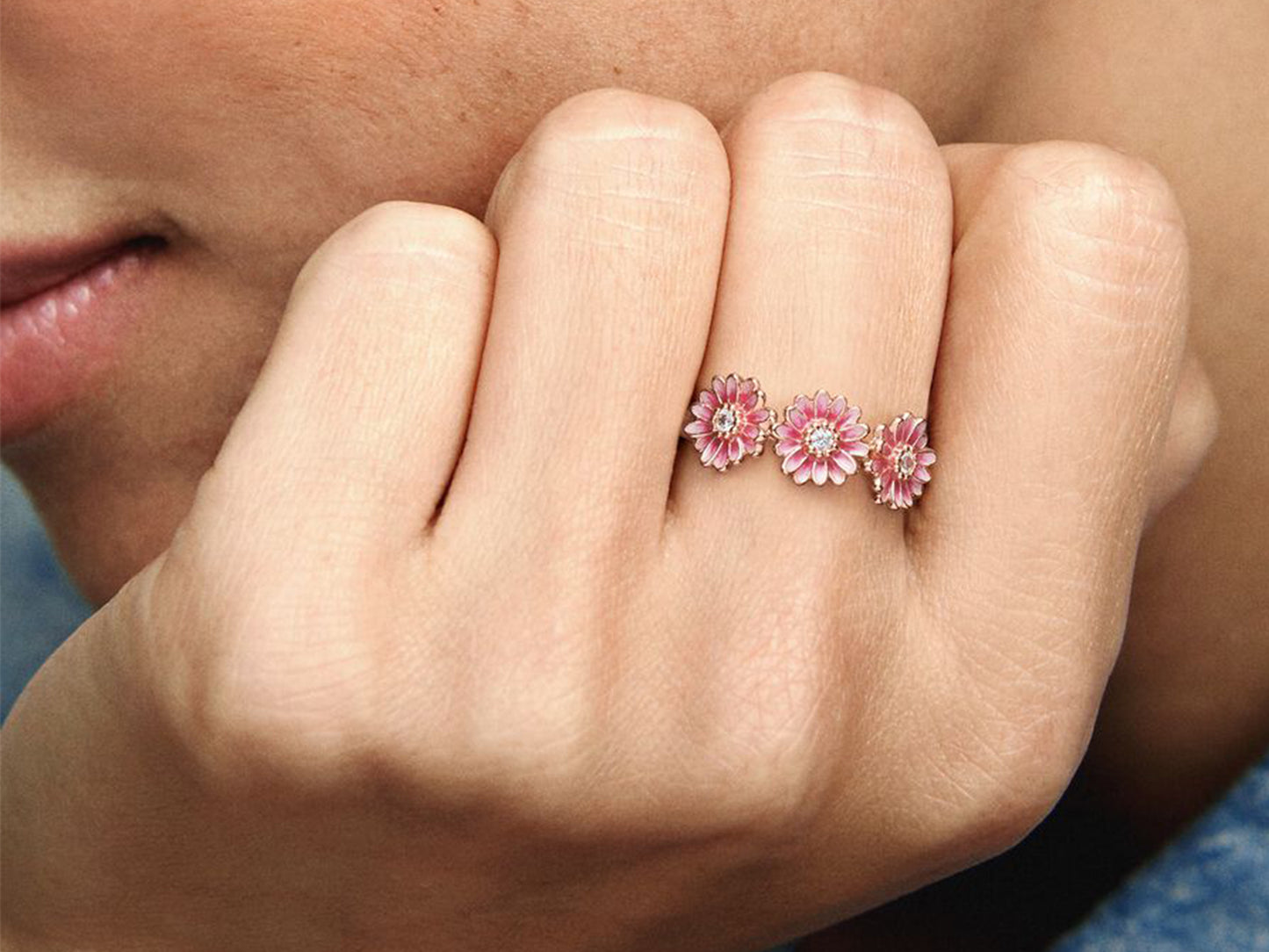 Pink Daisy Flower Trio Ring