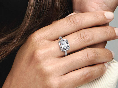 Rectangular Sparkling Halo Ring
