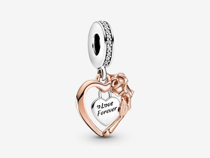 Heart & Rose Flower Dangle Charm