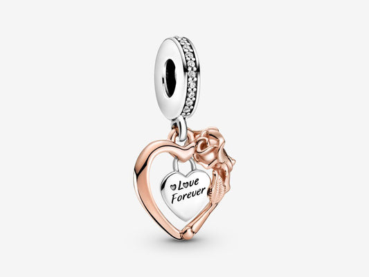 Heart & Rose Flower Dangle Charm