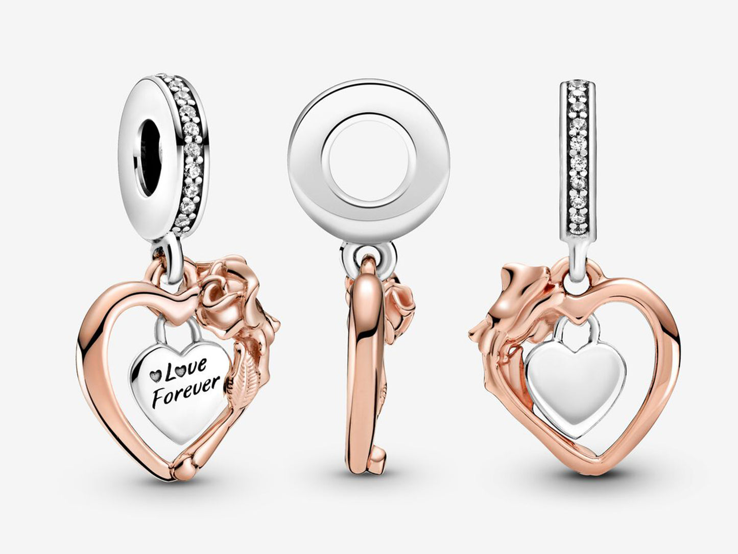 Heart & Rose Flower Dangle Charm