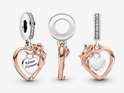 Heart & Rose Flower Dangle Charm