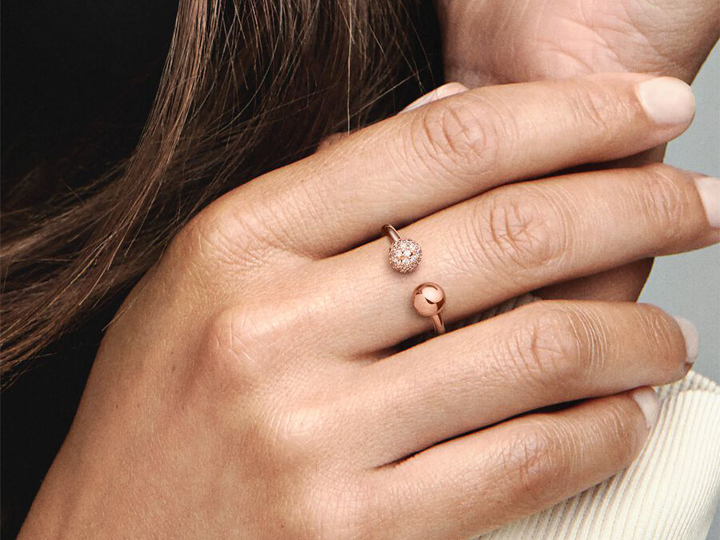 Polished & Pavé Bead Open Ring