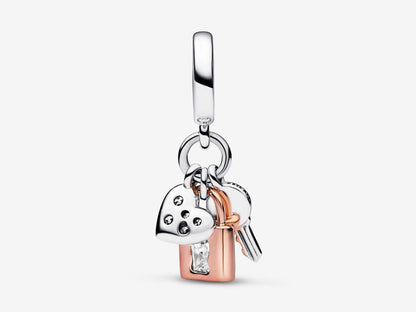 Two-tone Key, Padlock & Heart Triple Dangle Charm