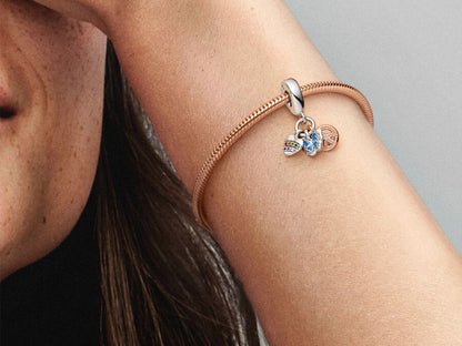 Two-Tone Rainbow Heart, Butterfly & Peace Triple Dangle Charm