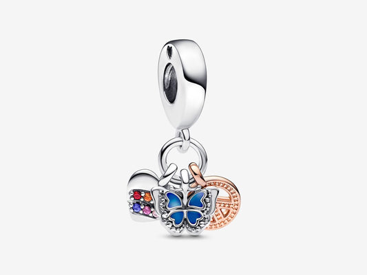 Two-Tone Rainbow Heart, Butterfly & Peace Triple Dangle Charm