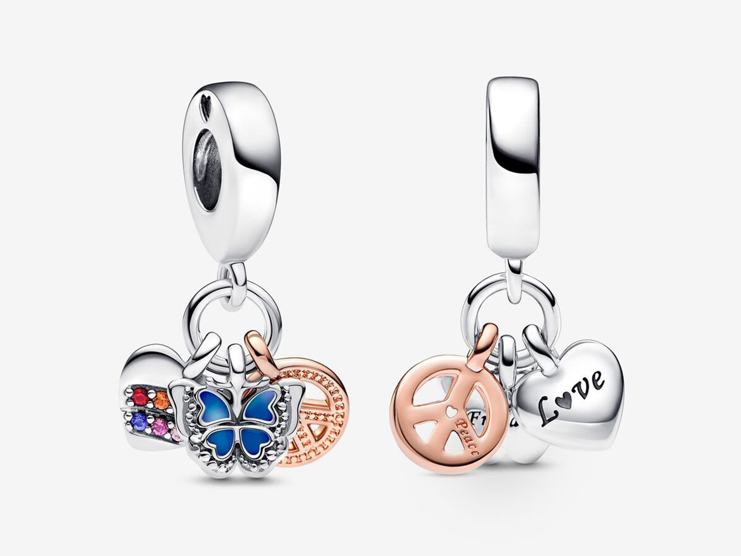 Two-Tone Rainbow Heart, Butterfly & Peace Triple Dangle Charm